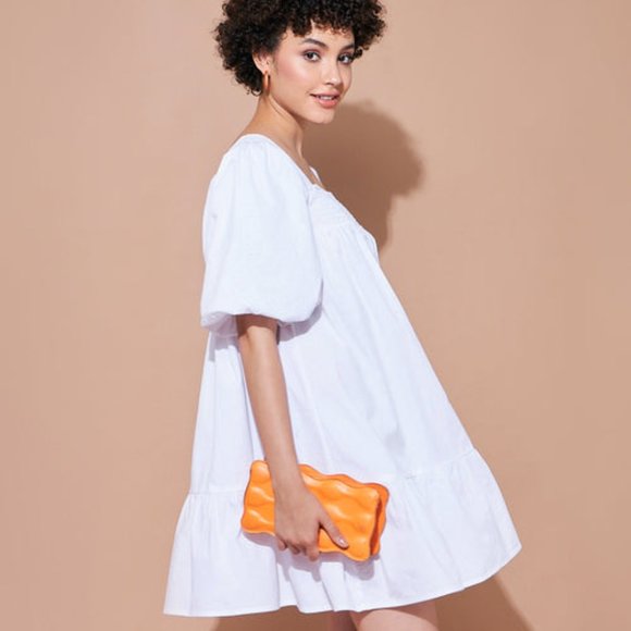 White Cotton Poplin Puff Sleeves Tiered Dress, - Picture 4 of 8